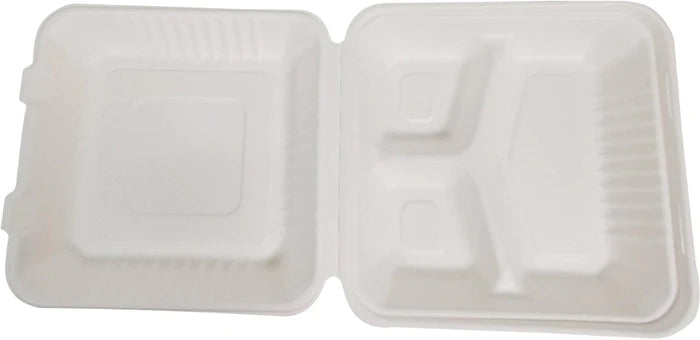 Bagasse Clamshell Hinged Container - 9X9 - 3 Compartment
